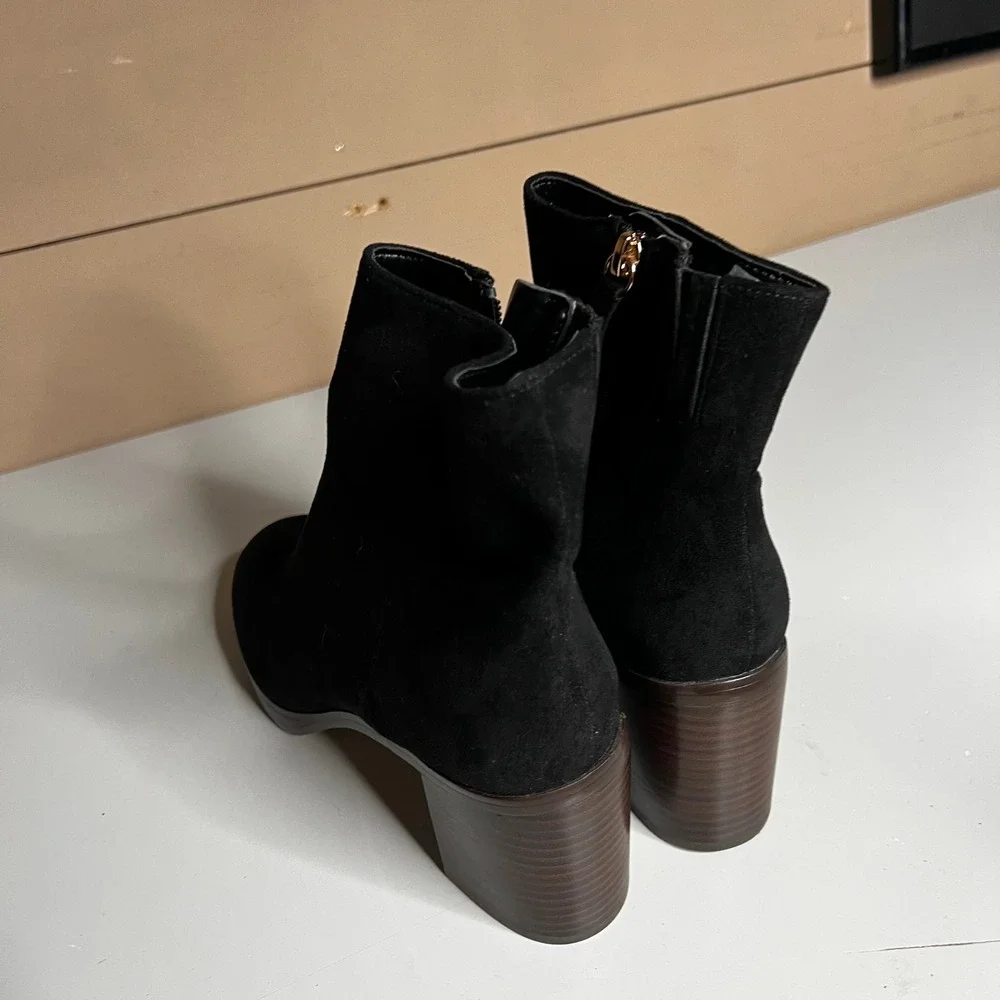 J.Crew Black Suede Textile Ankle Boots Block Heel Side‎ Zip BT278 Womens 8.5